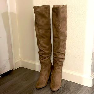 Leather Suede Wedge Slouch knee high tall boots,tan color,31/2 high,23 1/2 long.